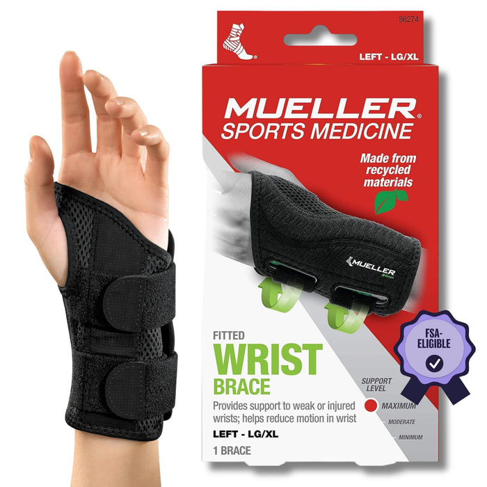 MUELLER Sports Medicine Green Fitted Wrist Brace, Wrist Pain Relief Support for Men and Women, Ideal for Carpal Tunnel, Tendinitis, Arthritis, Left Hand, Black, Large/X-Large