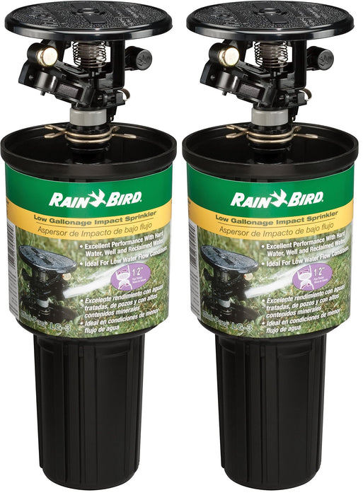 Rain Bird LG-3 Low Gallonage Pop-up Impact Lawn Sprinkler, Adjustable 20° - 360° Pattern, 26' - 41' Spray Distance, Black (Pack of 2)