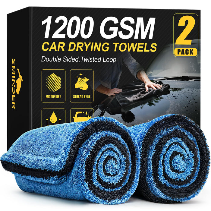 SMINDER 2-Pack 1200 GSM Car Drying Towels – Microfiber Towels for Cars (36" x 24"), Ultra-Absorbent, Streak-Free, Scratch-Free, No Water Spots, Double-Twist Pile & Edgeless Design(Blue)