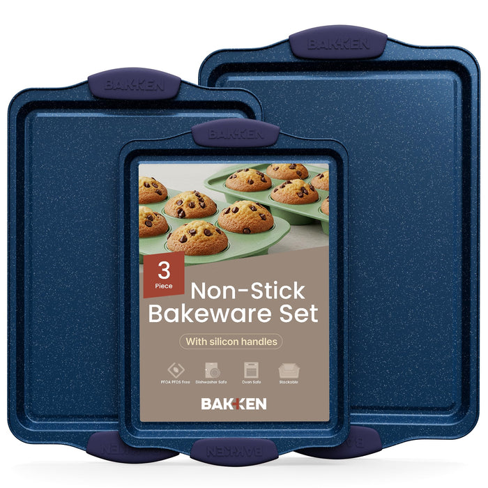BAKKEN Kitchen Baking Pan Set - Nonstick Coating, Carbon Steel Bakeware Sets with Blue Silicone Handles, Baking Kitchen Essentials, PFOA, PFOS, PTFE Free, Oven Safe Tray (Up To 450° F), Set of 3