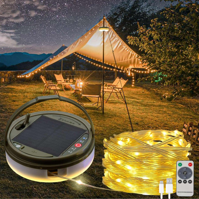 Solar Camping String Lights, 4 in 1 Fairy String Lights, Portable Waterproof Camp Lamp with 8 Lighting Modes, Hanging Rechargeable Tent Lantern for Christmas Decorations Patio Party Essentials-39.4 FT