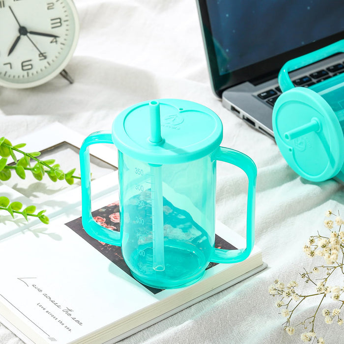 Sliner 1 Pcs Adult Sippy Cups for Elderly, Plastic Spill Proof Cups with 2 Handles Straw and Lid Elderly Drinking Cups for Adults Hospital Disabled Handicapped Patients, 12 oz