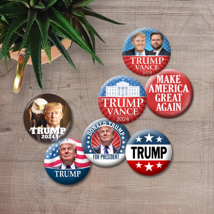 7 Pack Donald Trump Vance 2024 Buttons - 1.5 Inch Assorted Photo and Campaign Designs 6301