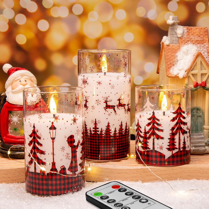 Eywamage Red Buffalo Plaid Christmas Flameless Candles with Remote, Flickering LED Pillar Candles in Glass Set of 3