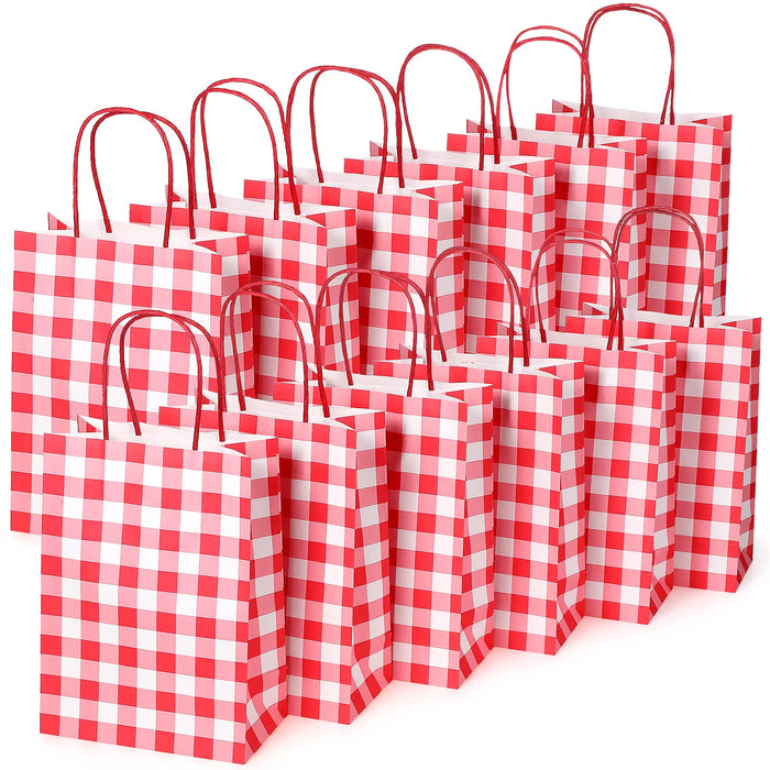 30 Pieces Gingham Gift Bags Kraft Paper Bag Christmas Buffalo Plaid Bag Present Bag Party Favor Bag with Handle Goody Bag for Christmas Birthday Party Supplies, 5.91 x 8.27 x 3.15 Inch (Red White)