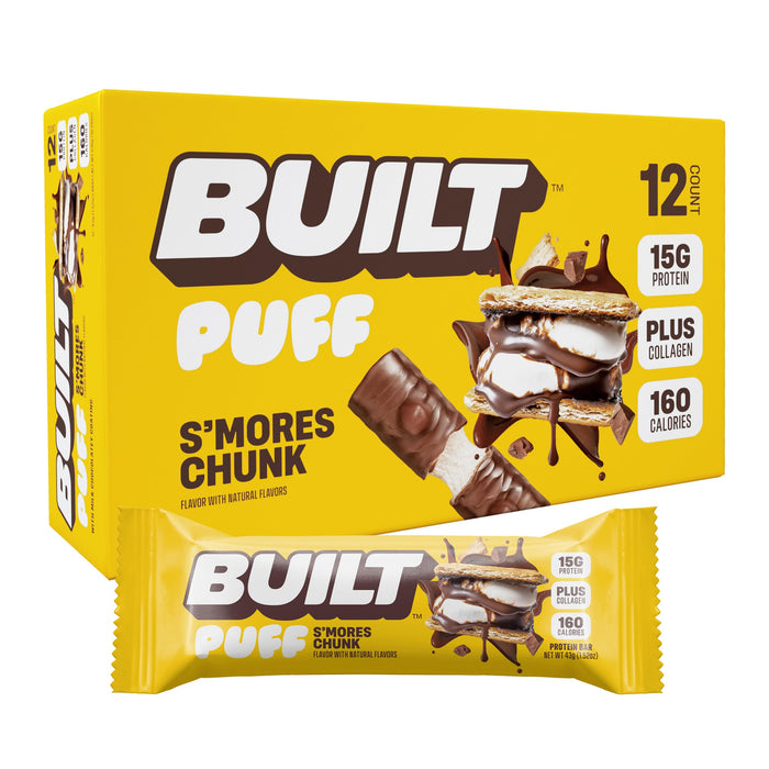 BUILT Puffs Protein Bars, S'mores Chunk Puff, High Protein Bars, 15g High Protein Snacks, On-The-Go Bars, only 160 Calories, 9g Sugar, Collagen, Not Gluten Free, 12 Count