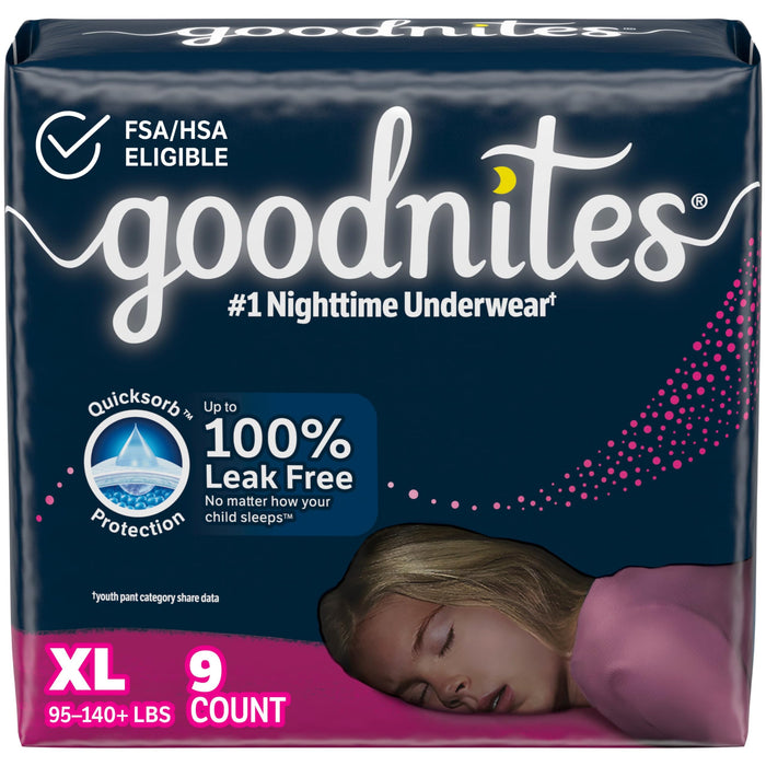 Goodnites Girls' Nighttime Bedwetting Underwear, Size Extra Large (95-140+ lbs), 9 Ct, Packaging May Vary