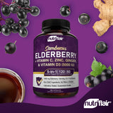 NutriFlair Sambucus Elderberry, 120 Veggie Capsules - 5 in 1 Immune Support and Antioxidant Supplement with Vitamin C, Vitamin D3 5000 IU, Zinc, Ginger, Black Dried Elderberry Pills - 2 Month Supply