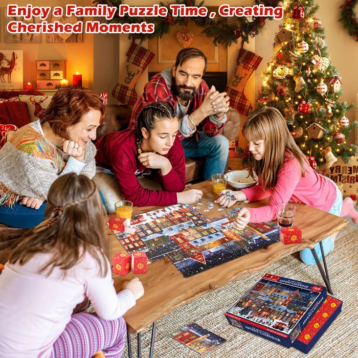 Jigsaw Puzzle Advent Calendar 2024 for Adult Kids-24 Box Christmas Countdown Calendar Family Puzzle Game,Christmas Street,1008 Piece,19.7 inches x 27.6 inch