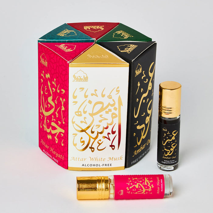 Dukhni Luxury Attar Oil Set Arabian unisex perfume oils | 6 assorted scents x 6ml | Mini roll ons, arabic oud fragrance oil | Alcohol free, Vegan, Collection Set for Gifting, Eid Islamic Gifts