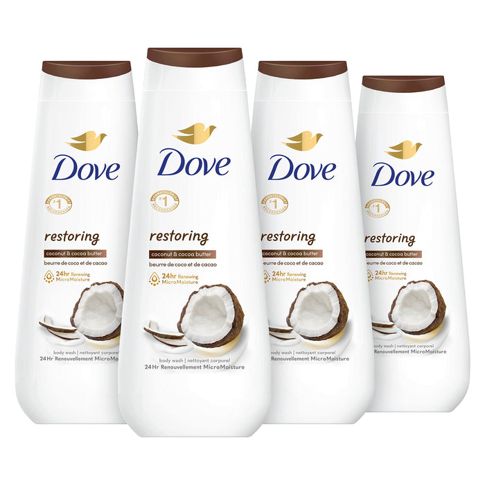 Dove Body Wash Restoring Coconut & Cocoa Butter 4 Count for Renewed, Healthy-Looking Skin Gentle Skin Cleanser That Effectively Washes Away Bacteria While Nourishing Your Skin 20 oz