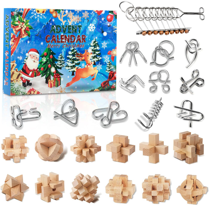 Advent Calendar 2024, Christmas Countdown Calendar with Brain Teaser Puzzles, 24 Days Metal & Wood Puzzle Christmas Countdown Calendar, Brain Challenge Games Toys Gifts for Boys Girls Teens Adults