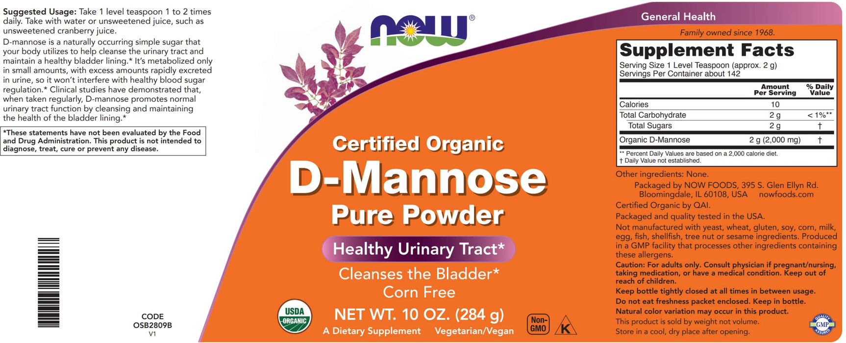 NOW Foods Pure, Organic D-Mannose 10 oz Powder - Bladder Cleanse and Urinary Tract Health Supplement - Non-GMO - Vegan Friendly - 2000mg / 2 Grams per Serving