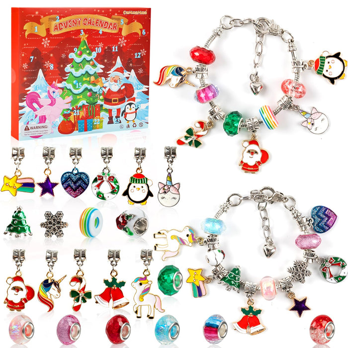 OuMuaMua Christmas Advent Calendar Charm Bracelets 2024 for Girls Kids, 24 Days Christmas Unicorn Countdown Calendar with 2pcs DIY Charm Bracelets Kit for Girls Kids Teens Adult Women