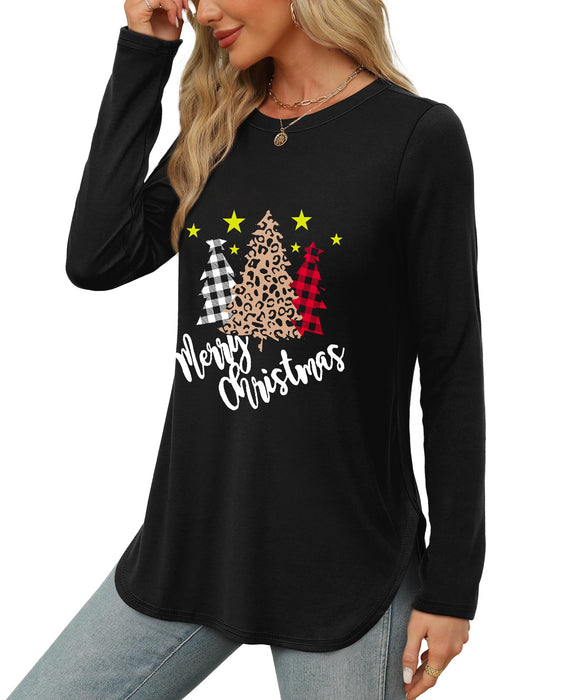 XIEERDUO Christmas Shirts for Women Black Long Sleeve Tops Crewneck Basic Tunic Tops Loose Fit Dressy L