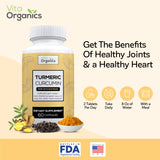 Vita Organics Turmeric Curcumin w/Black Pepper Extract BioPerine for Joint Health Support, Mobility, Prevent Natural Wear and Tear 60 Veggie Capsules, Made in USA
