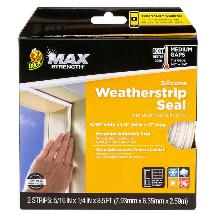 Duck Brand Max Strength Silicone Weatherstrip Seal for Doors and Windows, Self-Adhesive, Fits Medium Gaps from 1/8-1/4 Inches, .31 in. x .25 in. x 17 ft., White