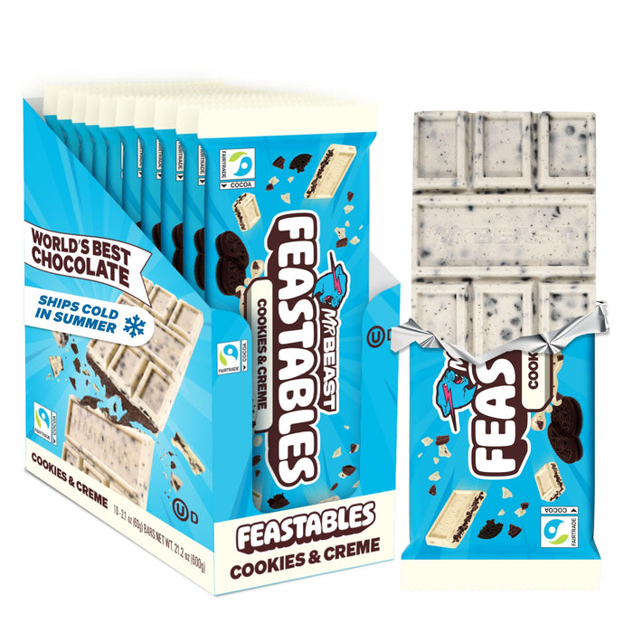 MrBeast Feastables Cookies & Creme Chocolate Bar, King Size, 10 Count