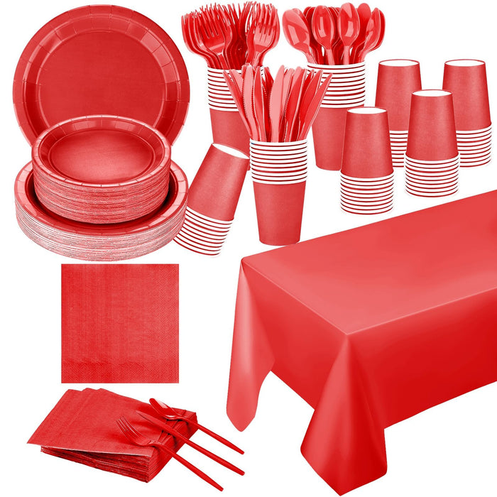 TWOWYHI 229PCS Red Party Supplies Set Paper Disposable Plates Cups Plastic Spoons Forks Knives Red Napkins for 30 Guests Disposable Party Dinnerware Sets for Wedding Birthday Party