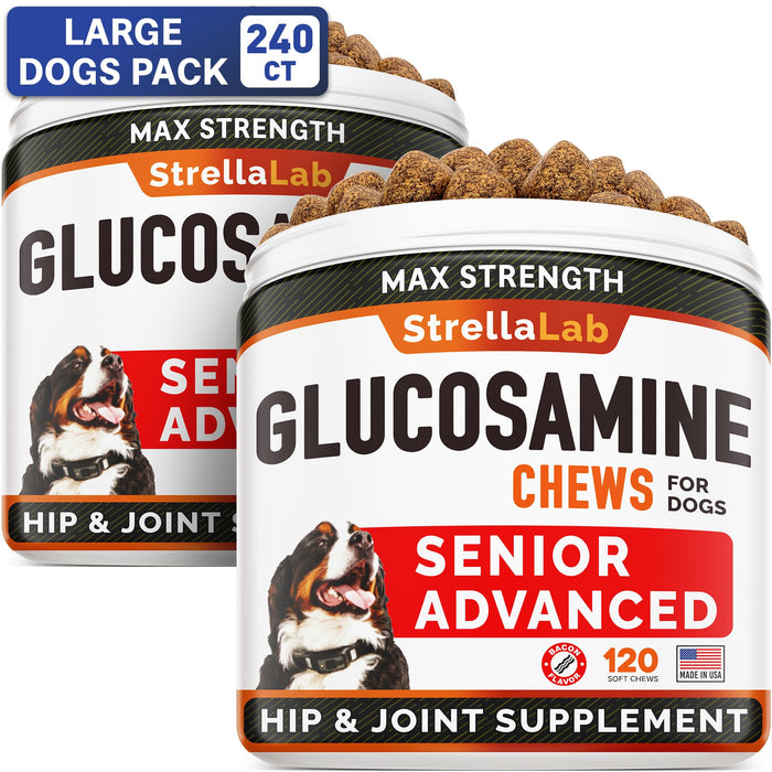 Senior Advanced Glucosamine Joint Supplement for Dogs - Hip & Joint Pain Relief - Small + Large Breeds -Omega-3 Fish Oil - Chondroitin, MSM- Mobility Soft Chews for Older Dogs - Bacon Flavor - 240Ct