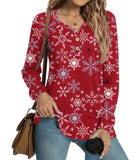 HOTGIFT Women Christmas Tunic Long Sleeve Tshirts Loose V-Neck Blouse Warm Sweater Tops Snowflake-Red Large