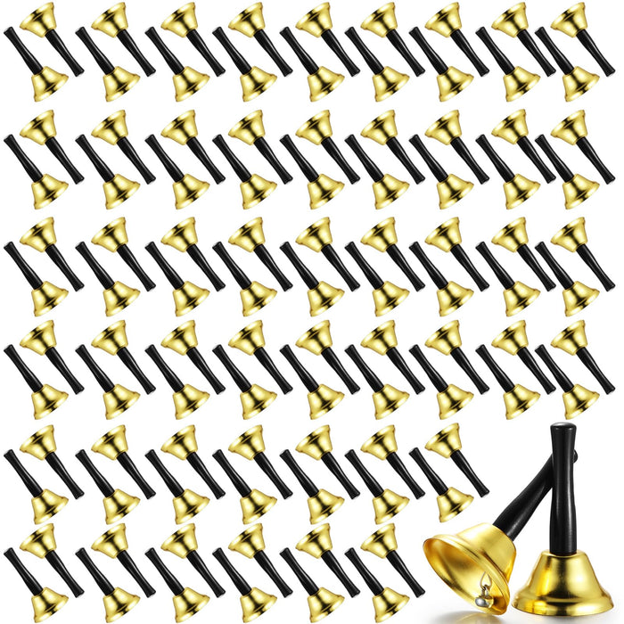 Fumete 100 Pcs Metal Ringing Bells Wedding Bells Dinner Service Call Bell Steel Handbells with Wooden Handle for Wedding Decors Schools Musical Percussion The Sick Elderly Alert(Gold)