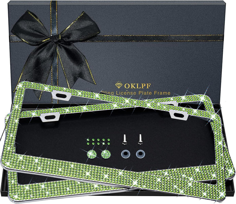 OKLPF Bling License Plate Frame for Women, 2PCS Sparkly License Plate Frames| Over 1200 pcs14 Facets Bedazzled Clear Glass Diamond Rhinestone Crystals w/Free Glitter Diamond Box (Olive Green)