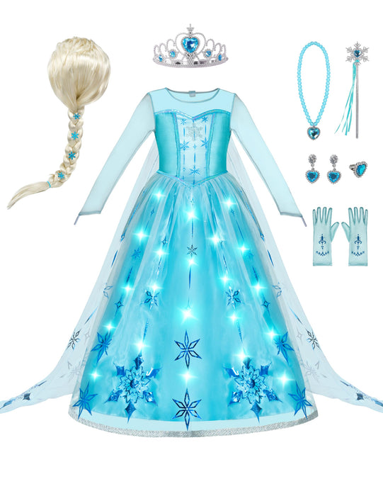 Spooktacular Creations Halloween Girls Ice Princess Dresses, Light-Up Princess Costume for Girls, Sequin Snowflake Long Cape Gown for Birthday, Halloween Dress-Up Party (Small, 5-7 yrs)
