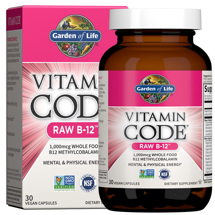 GARDEN OF LIFE B12 - Vitamin Code Raw - 30 Capsules, 1,000mcg Whole Food Methylcobalamin for Energy, Vegan B12 Vitamin plus Probiotics & Enzymes, Gluten Free Supplements