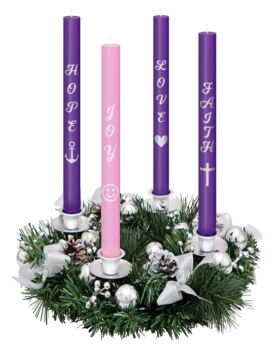 Advent Candles Set of 4 - Premium Printed Script Silver Letters & Pictures – Use with Advent Candle Holders, Advent Wreaths and Advent Rings - Dripless Taper Advent Candle for Christmas Church Décor