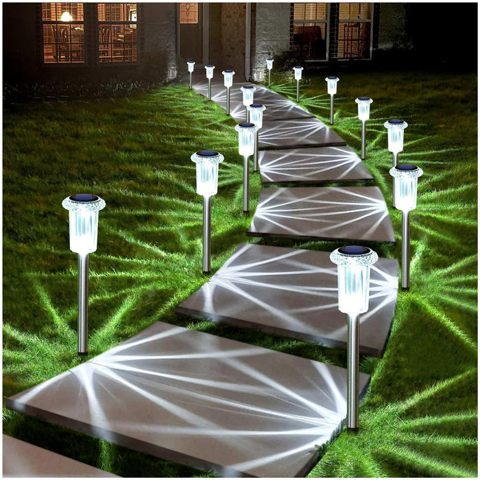 DenicMic Solar Lights Outdoor 10 Pack Waterproof 6000K Cold White LED Stainless Steel Stake for Pathway Yard Garden Driveway Solar Powered Outside Christmas Decor