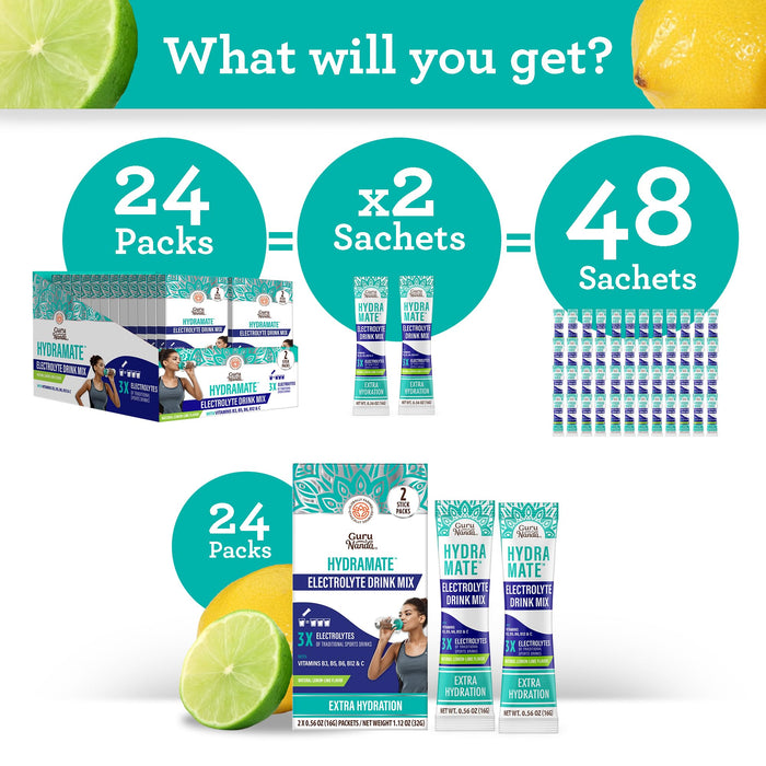 GuruNanda Hydramate Hydration Support Drink Mix - Electrolyte Powder Packets for Dehydration, Exercise & Energy - No Added Sweeteners, Non-GMO, Natural Lemon Lime Flavor - 48 Count (0.56 oz each)
