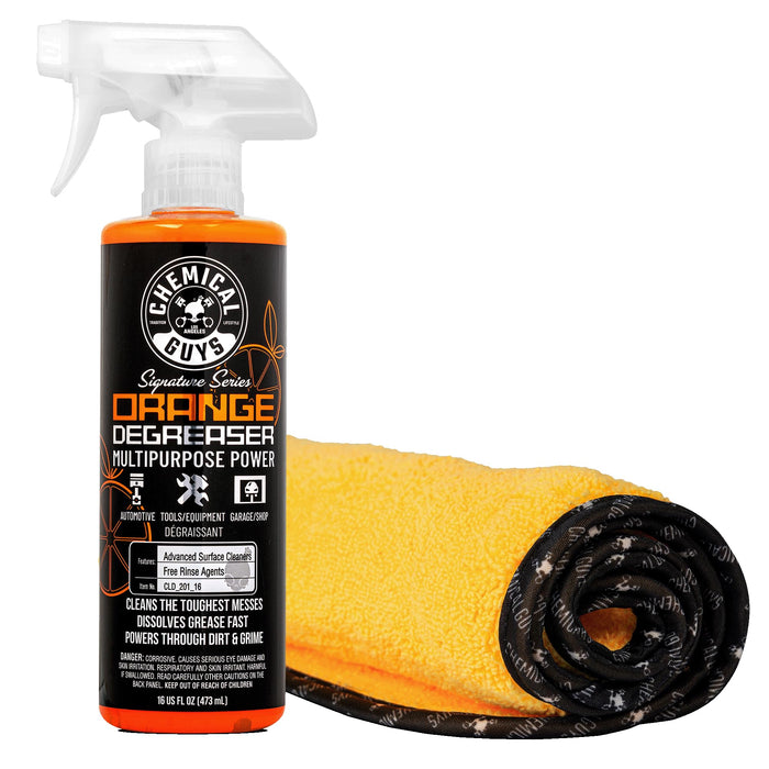 Chemical Guys Orange Degreaser 16 oz - with Professional Grade Microfiber Towel - Heavy Duty Cleaning Kit for Engines, Wheels, Tires, & More - Powerful Citrus Formula Removes Grease & Grime