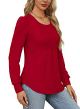 OFEEFAN Womens Long Sleeve Shirts Fall Tops Trendy Pleating Christmas Tunics or Tops to Wear with Leggings Blouse Red L