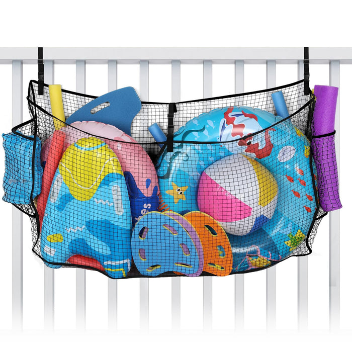 Large Pool Float Toy Storage Net - 59 x11.8x33.5in Durable Mesh Net Organizer for Fence with Straps, Poolside Fence Toys Holder for Inflatable Rafts Pool Noodles Balls Swimming Ring