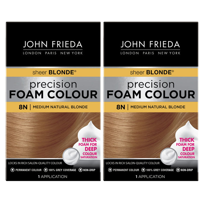 John Frieda Precision Foam Color, Medium Natural Blonde 8N, Full-coverage Hair Color Kit, with Thick Foam for Deep Color Saturation 2 Pack