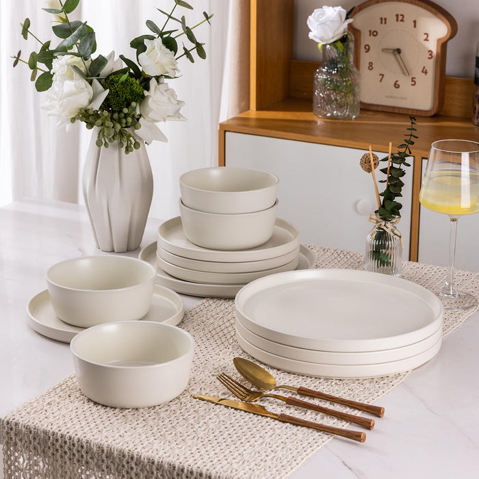 AmorArc Ceramic Dinnerware Sets for 4, Modern Flat Stoneware Plates and Bowls Sets,Chip and Crack Resistant | Dishwasher & Microwave Safe Dishes Set,Scratch Resistant- Service for 4 (12pc)-Matte Cream