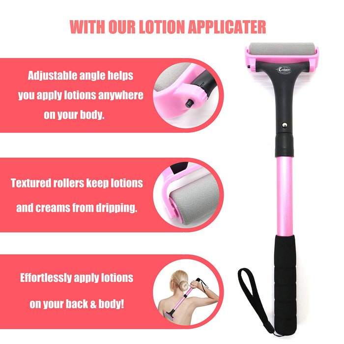 EASACE Lotion Applicator for Back & Body, Long Handle 21.5inch Adjustable Lotion Roller with 2 Replacement Roller for Back self(Pink)