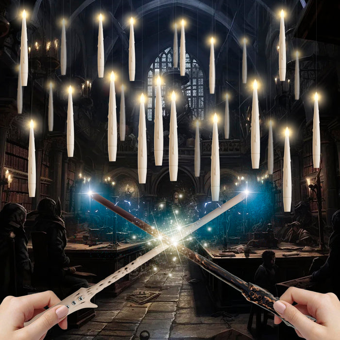 JOIONE Floating Candles with Wand, 20 Pack Halloween Flameless Candles Magic Hanging Taper Candles with 2 Wand Remotes, Battery Operated Candles for Halloween Christmas Birthday Party Decor Ivory