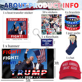 DOSMINE Supporter Kit Trump 2024 Flag 3 * 5ft Trump Survived Shot Fight Trump Flag Banner Trump Stickers Trump Hat Trump Socks Trump Keychain Trump Bracelets Heat Transfer Sticker