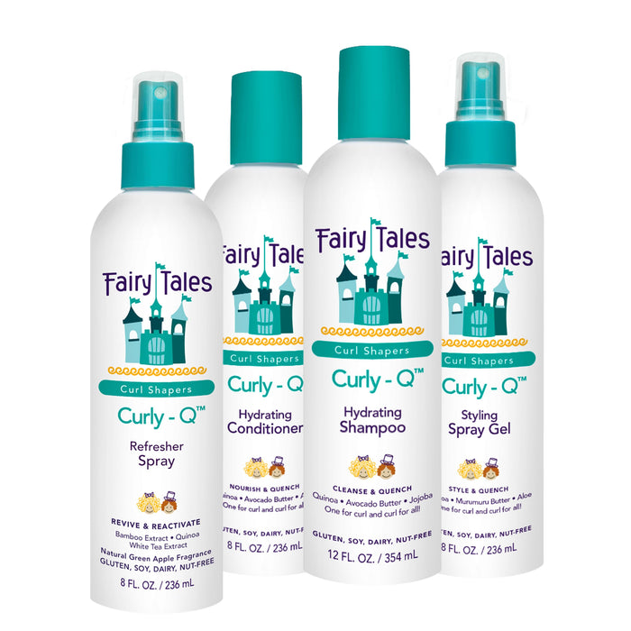 Fairy Tales Curly Q Daily Kids Shampoo, Conditioner, Gel and Spray for Curly Hair - Hydrating Kids Bundle, for Curls Including Multi Cultural Hair - Paraben Free - 12 oz and 8 oz (Pack of 4)