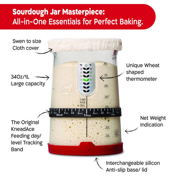 KneadAce Pro Sourdough Bread Starter Kit- 34 oz Large Capacity Sourdough Starter Jar with 5 unique features for the perfect sour dough bread & sourdough starter kit- sourdough bread baking supplies