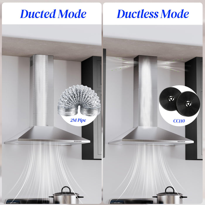 FIREGAS Range Hood 30 inch, Wall Mount Range Hood with LED Lights, 3-Speed Exhaust Fan, Ducted/Ductless Convertible, Aluminum Mesh Filters, Button Controls, Stainless Steel Kitchen Vent Hood