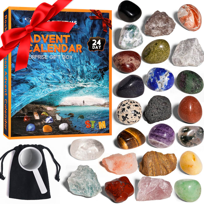 Kids Advent Calendar 2024, Toys Gift Box with 24 Crystals & Rocks & Minerals, Rock Collection Christmas Countdown Calendar with Mini Gemstone Dig Kit, Birthday Gifts for Girls Boys Geology Enthusiasts