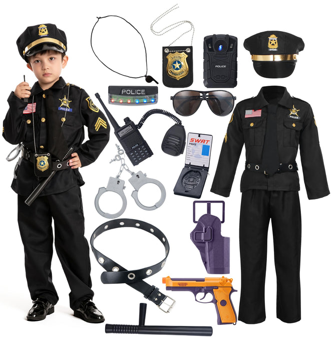 Spooktacular Creations 14PCS Halloween Police Costume for Kids, Black Police Officer Costume for Boys, Toddler Cosplay RolePlay Themed Party (Small, 5-7 yrs)