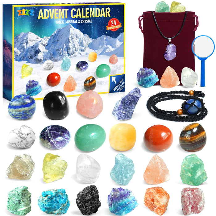 ZIZZ Advent Calendar 2024 Kids Christmas - 24 Natural Rock Mineral Crystal Collection for Boys Girls Christmas Countdown Calendar Gemstone Stone Learning Kit Birthday Christmas Gift for Kid Teen Adult