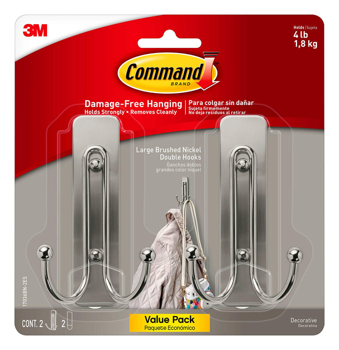 Command Large Brushed Nickel Double Hooks, 2 Hooks and 2 Command Strips, Damage Free Hanging Wall Hooks with Adhesive Strips, Coat Hooks for Hanging Christmas Decorations, Holds up to 4 lb