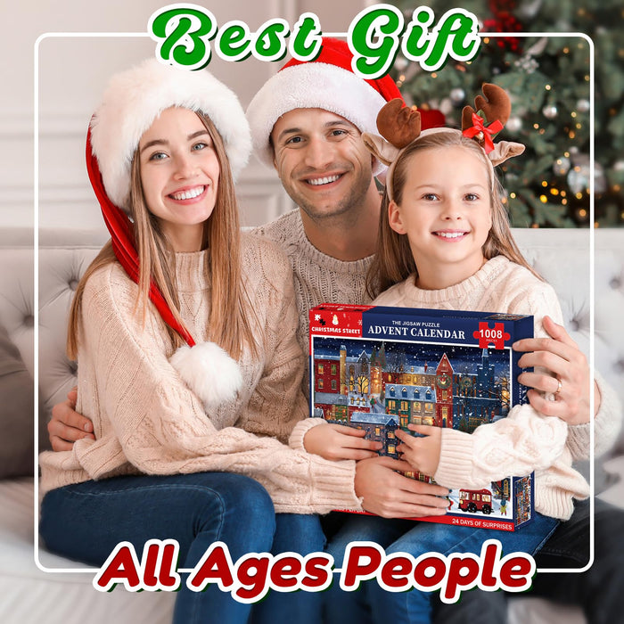 Jigsaw Puzzle Advent Calendar 2024 for Adult Kids-24 Box Christmas Countdown Calendar Family Puzzle Game,Christmas Street,1008 Piece,19.7 inches x 27.6 inch