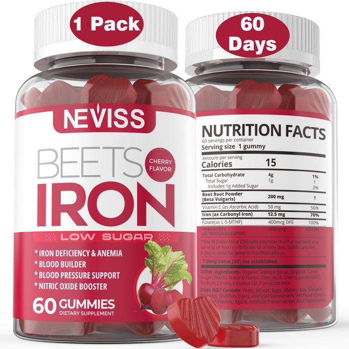 Vegan Iron Supplement, Once A Day, Non-Constipating Iron Gummies 12.5mg for Women Men w/Beet Root, Vitamin C, B12, Folate, for Iron Deficiency & Anemia, Nitric Oxide, Gentle Iron, Gelatin Free, 60 Cts