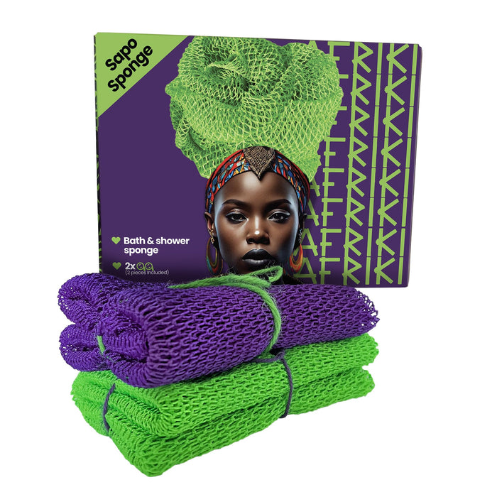 AFRIKI African Net Sponge, African Exfoliating Sponge, Black Owned, Exfoliating Washcloth, Body Exfoliator for Bath and Shower, Back Scrubber, Dead Skin Remover (Green, Purple, 1 Count (Pack of 2))
